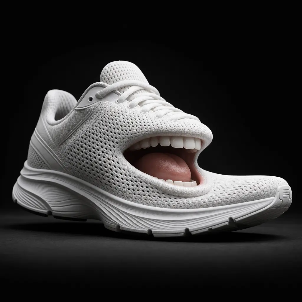 A white running sneaker with an expressive animated talking mouth caught mid-speech, isolated on a deep dark near-black