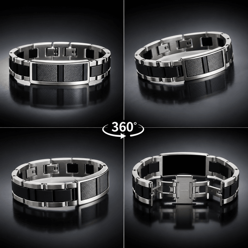 Accessory product spinning, polished finish visible, studio lighting, product showcase.