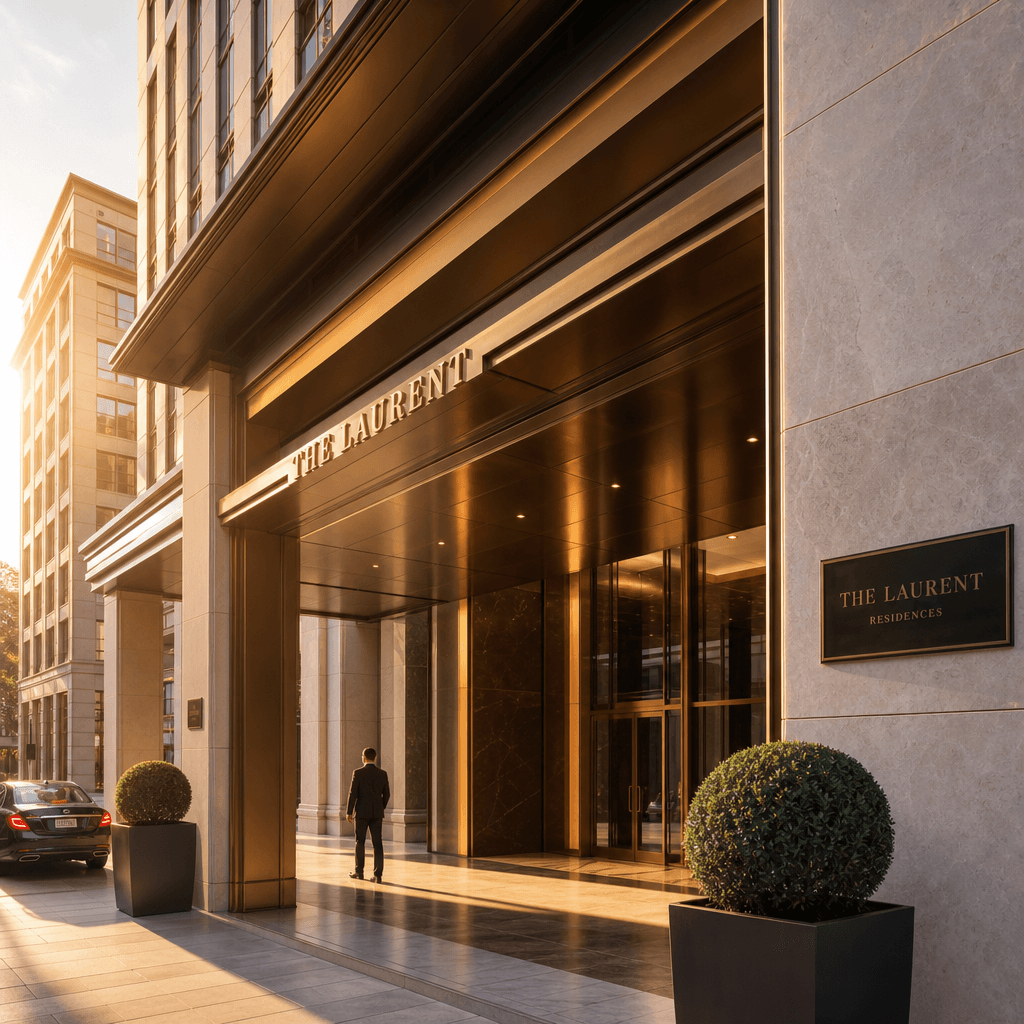 Product seamlessly placed on prestigious building entrance at golden hour, dramatic architectural lighting, upscale urba
