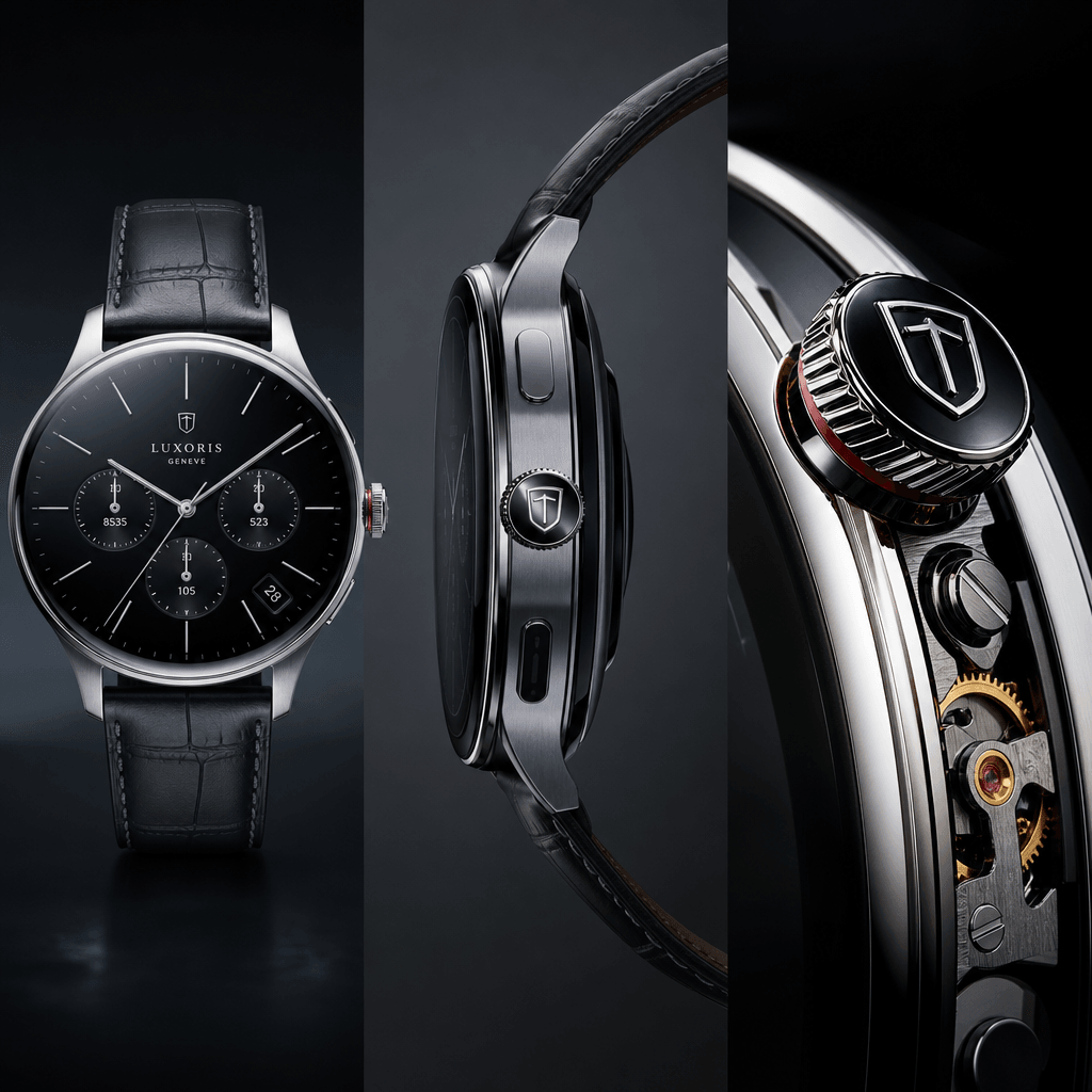 Luxury smartwatch triptych animation frame: watch face front, side profile showing band detail, crown and mechanism clos
