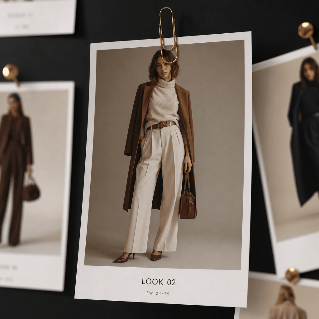 Fashion outfit photo pinned with gold paperclip to dark backdrop, other looks visible blurred in background, professiona