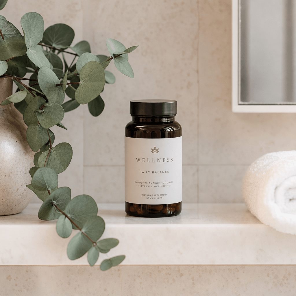 Wellness capsule bottle on a clean bathroom shelf with fresh eucalyptus sprigs draped nearby, warm ambient light, pale s