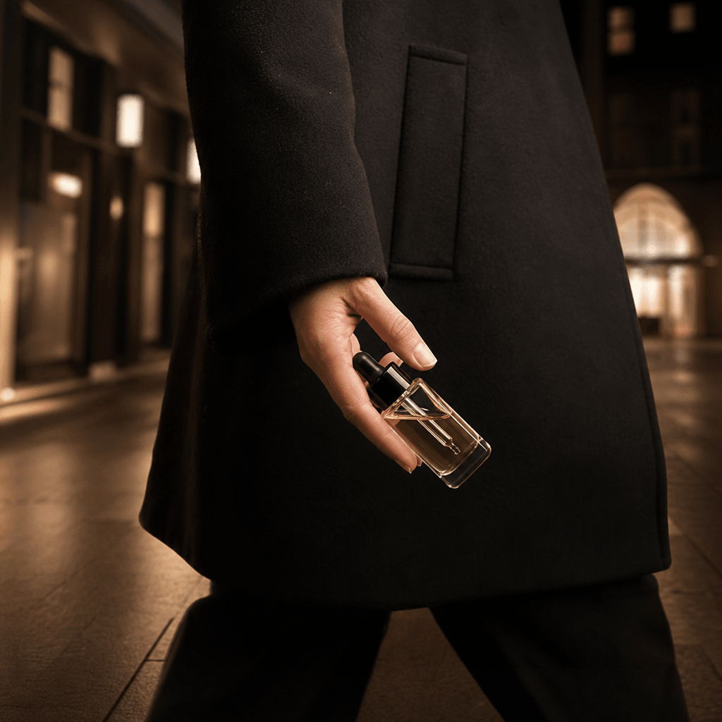 A compact skincare serum held naturally by an anonymous creator walking through a minimalist urban arcade, face outside