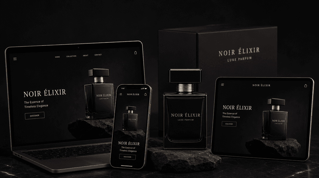 Luxury product displayed across multiple viewing surfaces angled together, dark refined background, professional product