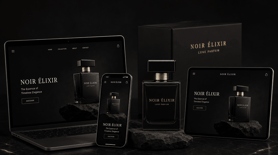 Luxury product displayed across multiple viewing surfaces angled together, dark refined background, professional product