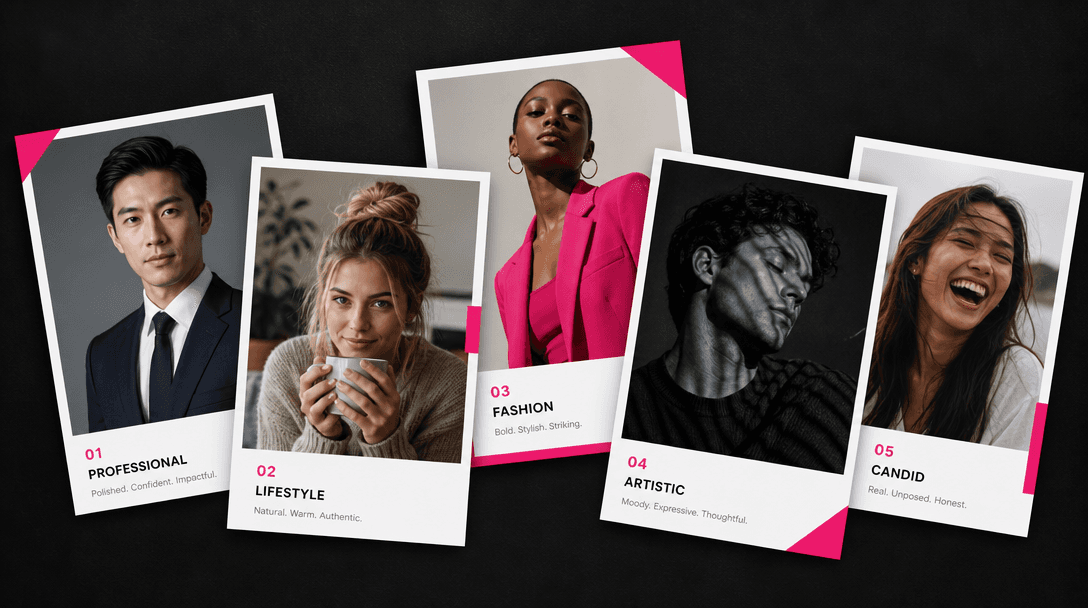 Collection of 4-5 diverse portrait template style cards arranged in overlapping casual polaroid-style layout on dark bac