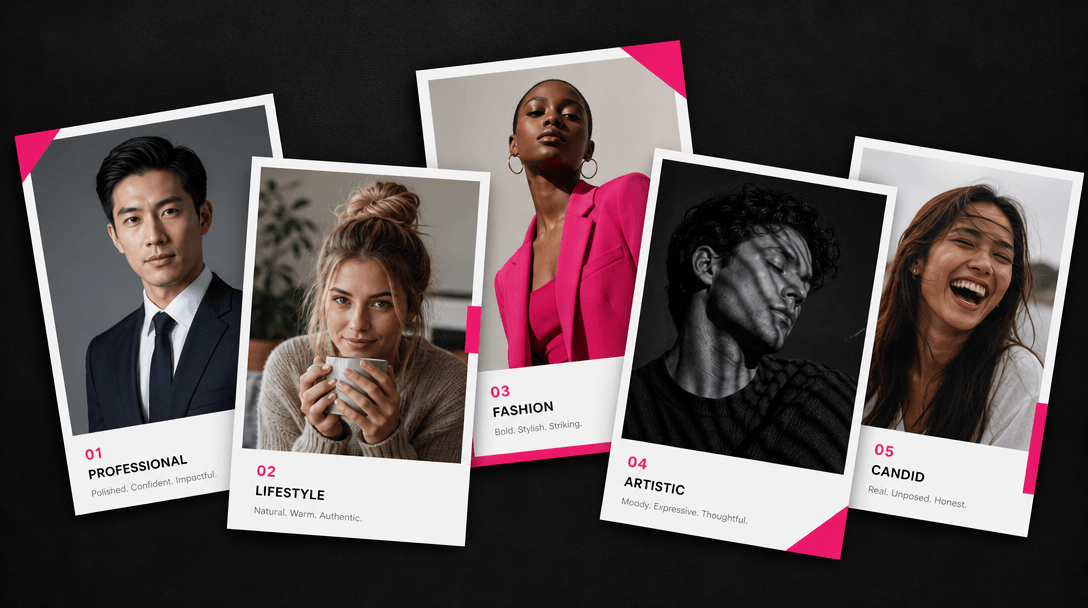 Collection of 4-5 diverse portrait template style cards arranged in overlapping casual polaroid-style layout on dark bac