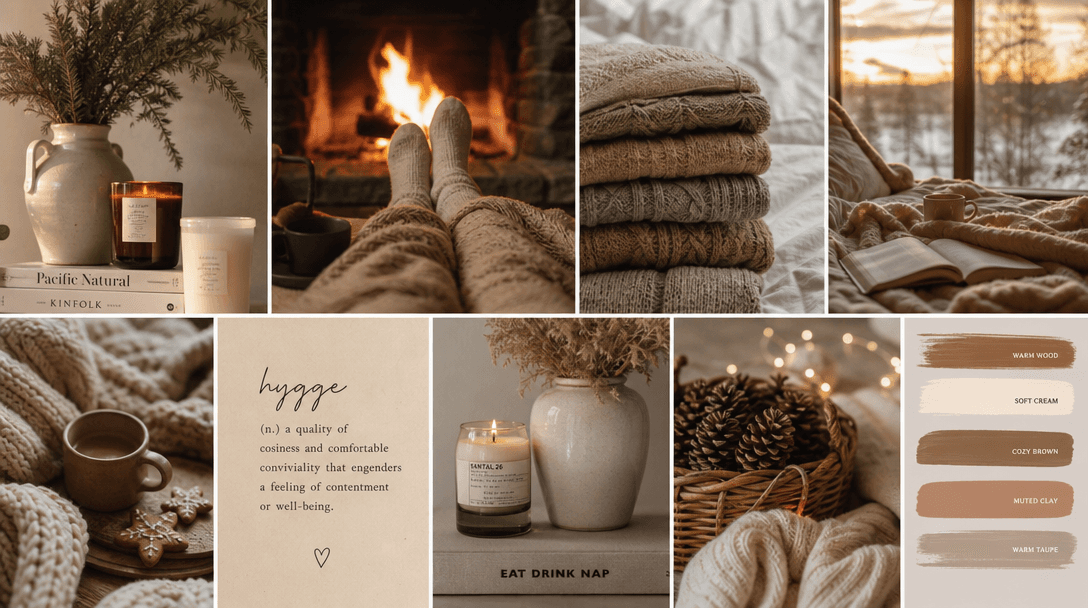 Warm winter aesthetic visualization, fireplace glow and golden hour lighting, cozy textures and soft fabrics, hygge mood