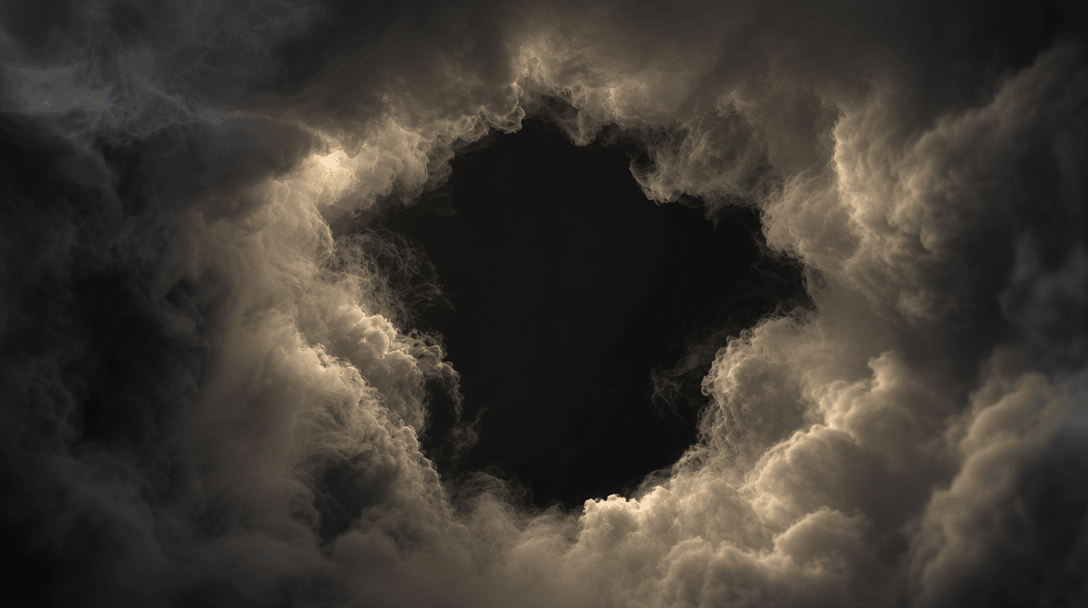 Abstract volumetric silver mist and cloud formations slowly parting in a wide dark studio space, lit from within by a di