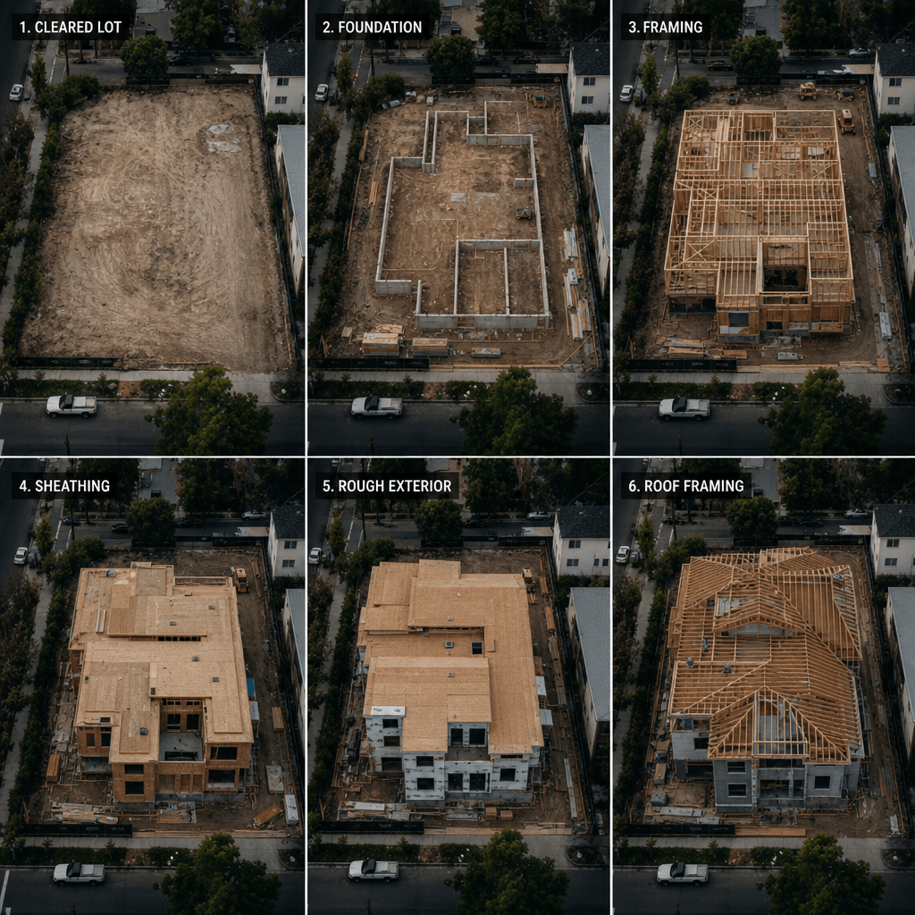 Aerial overhead view of construction site transformation showing progression from empty cleared lot to multi-story build