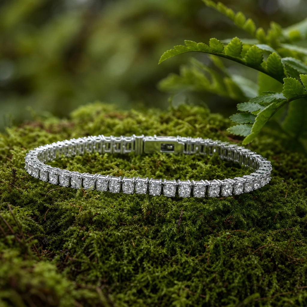 Diamond bracelet nestled in lush green moss, botanical jewelry editorial, soft natural diffused light, luxury accessory
