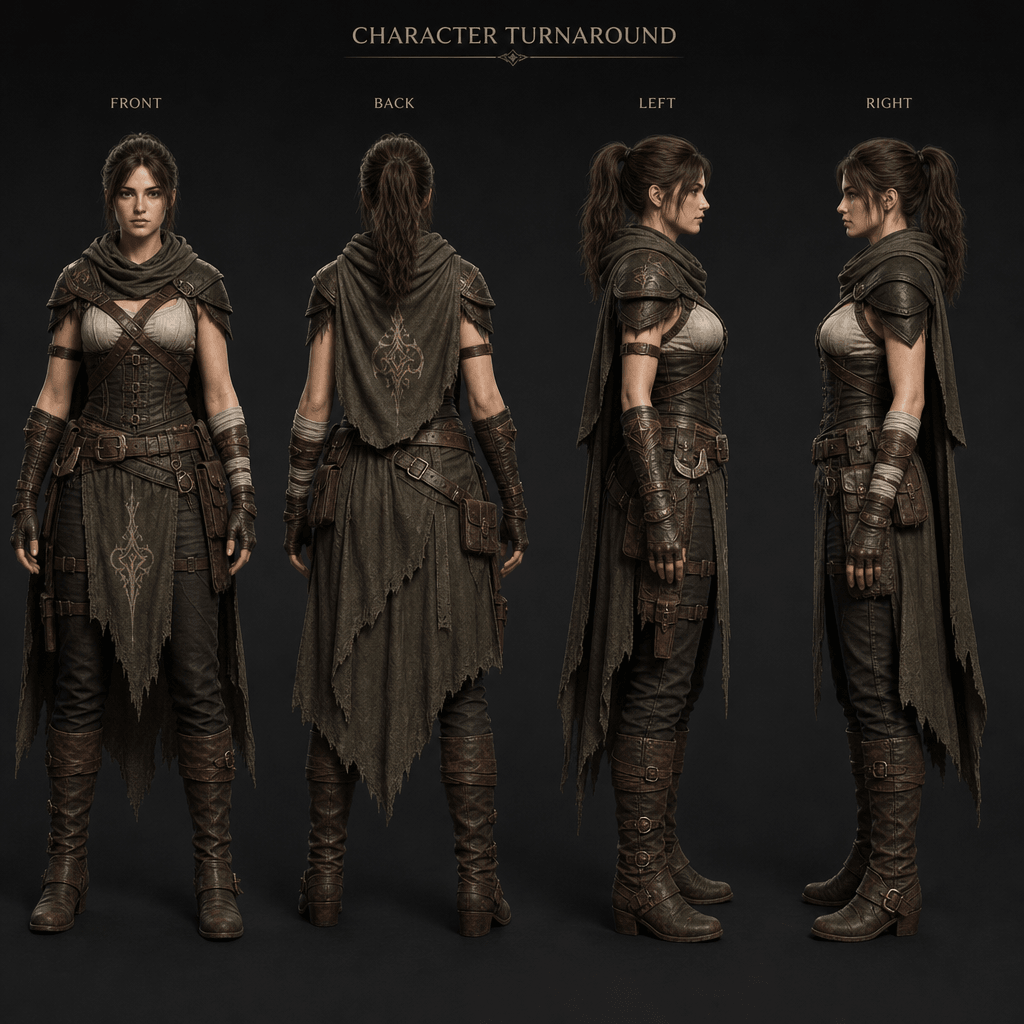 Professional character sheet grid layout showing same character in four angles: front, back, left profile, right profile