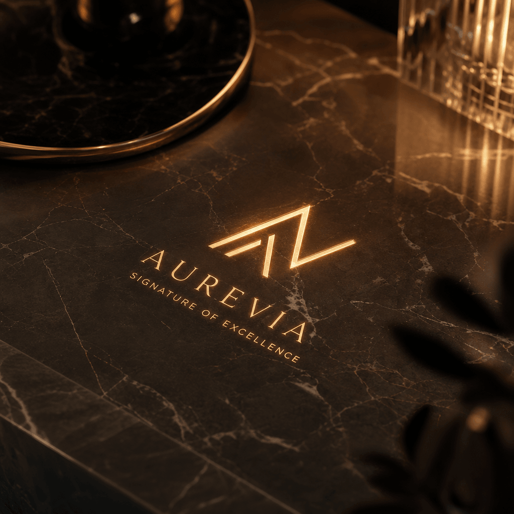 Brand logo glowing softly on a polished marble surface. Warm studio lighting, fine-art composition, corporate luxury aes