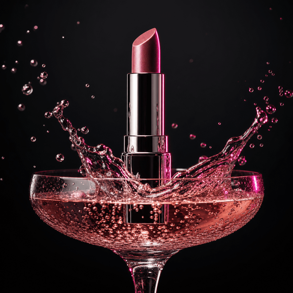 A metallic lipstick standing upright in a shallow coupe of sparkling rosé, a graceful splash frozen around the case, dee