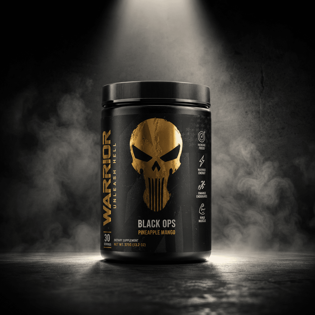 Cinematic product ad still: athletic supplement canister centered on a dark matte surface under a tight overhead spotlig