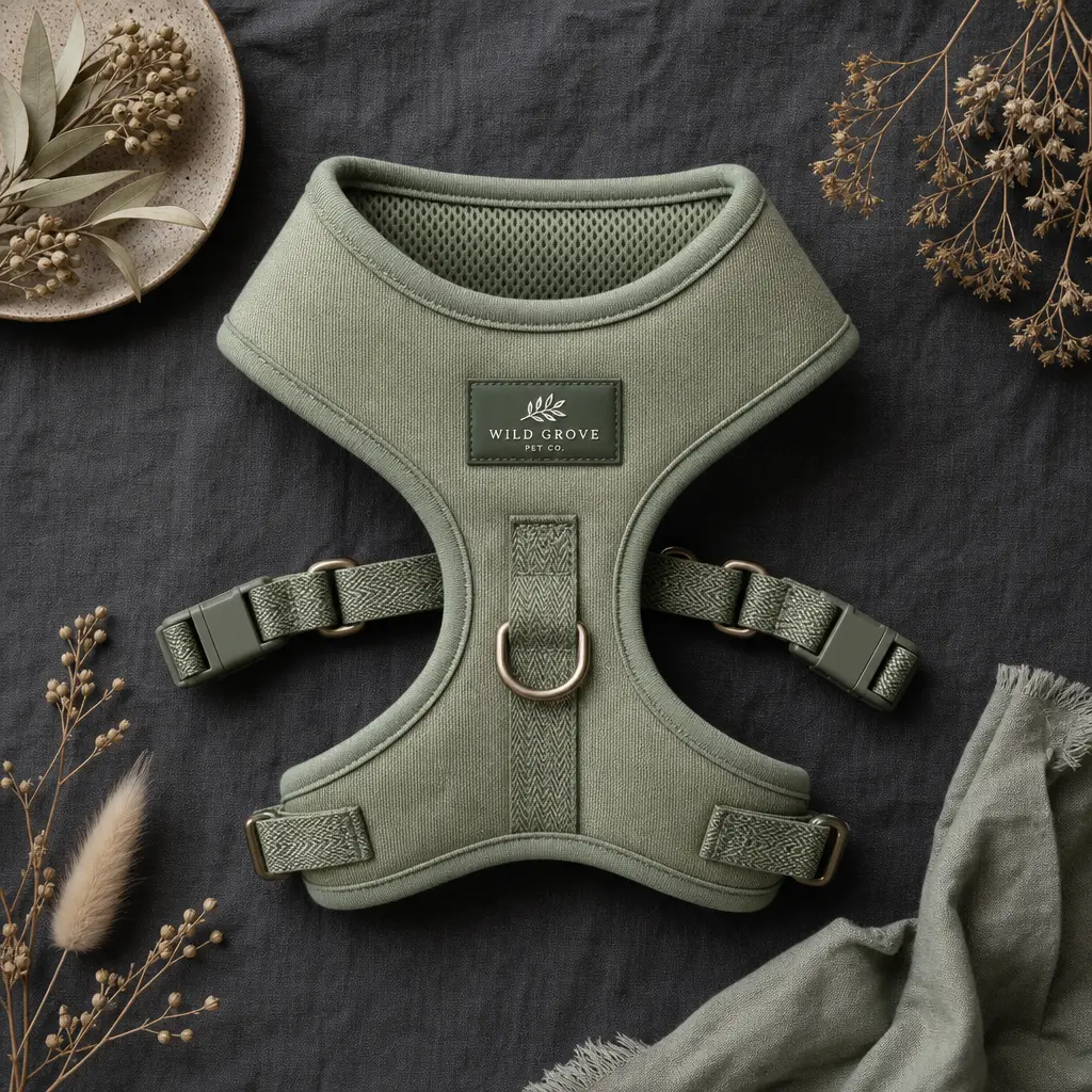 Flat-lay product shot of a stylish pet harness in muted sage green arranged on dark charcoal linen with small dried bota