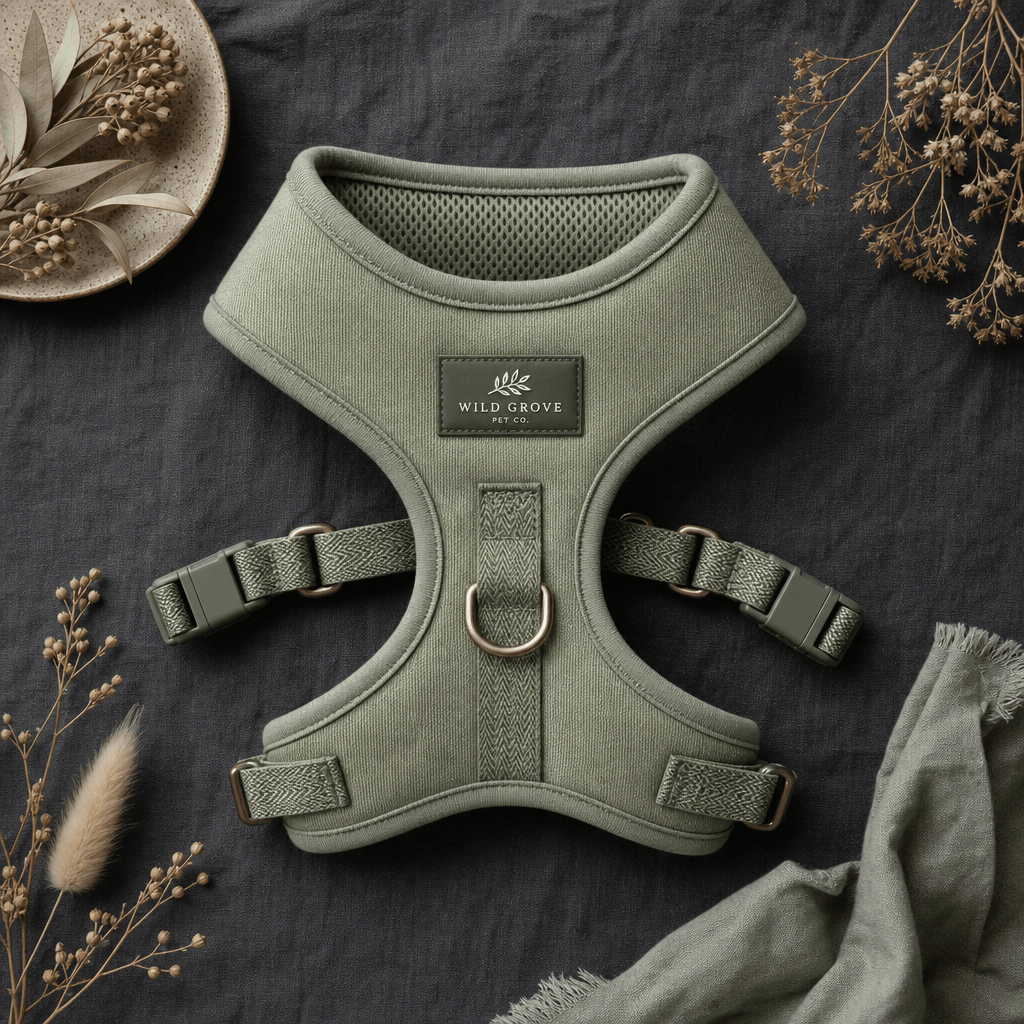 Flat-lay product shot of a stylish pet harness in muted sage green arranged on dark charcoal linen with small dried bota