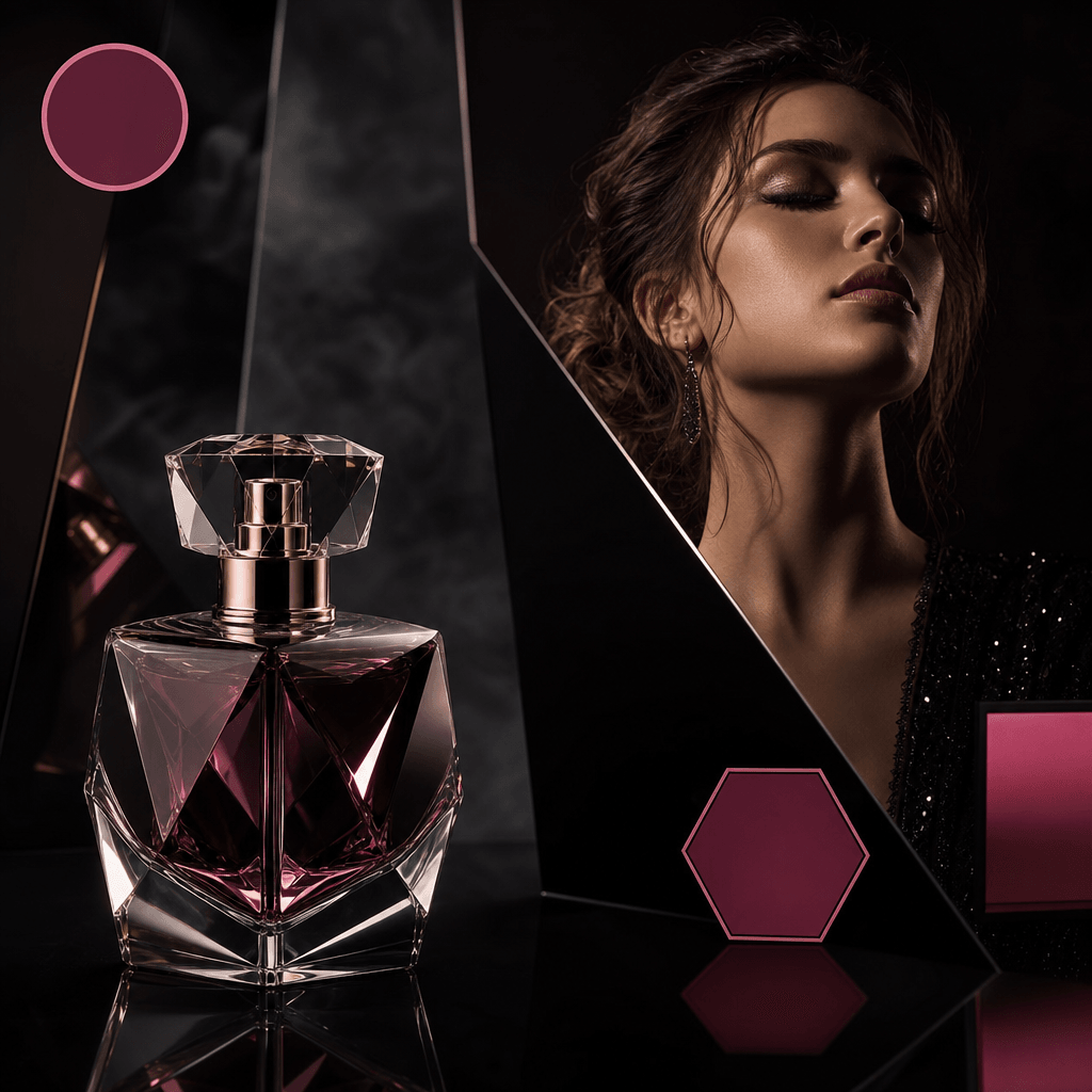 Square fragrance campaign showing a faceted perfume bottle beside an abstractly framed model in elegant evening styling,