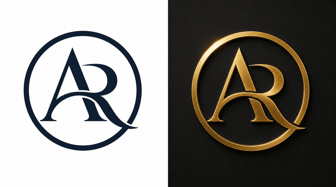 Split-screen comparison: clean vector logo on left, same logo with photorealistic gold metallic texture on right side