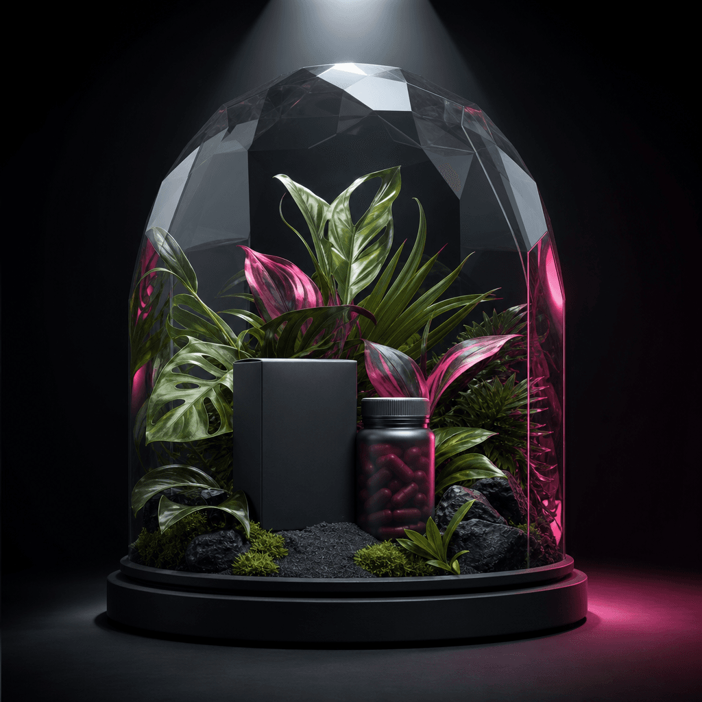 A compact supplement box and capsule bottle arranged beneath a faceted glass dome, vivid botanical leaves emerging from
