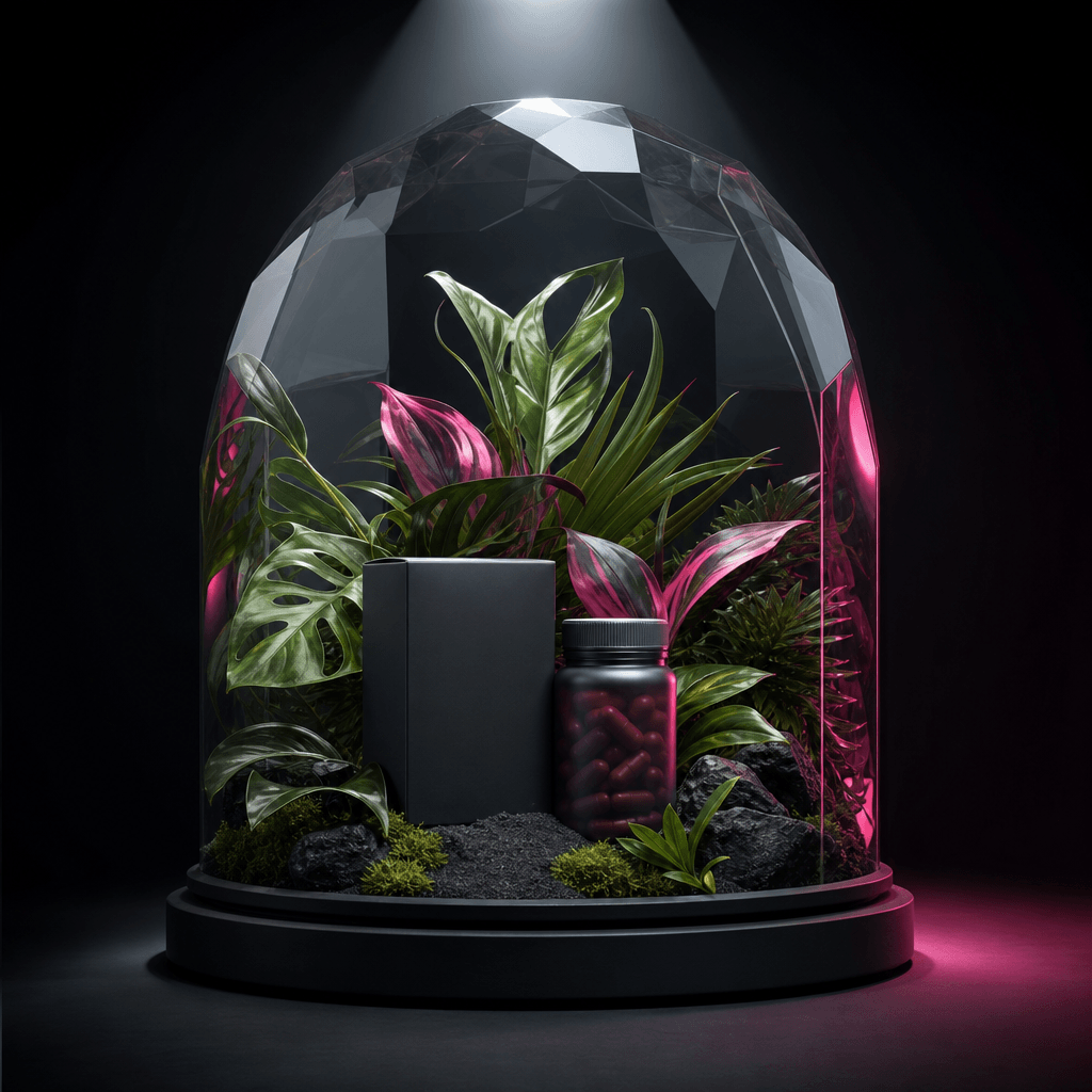 A compact supplement box and capsule bottle arranged beneath a faceted glass dome, vivid botanical leaves emerging from