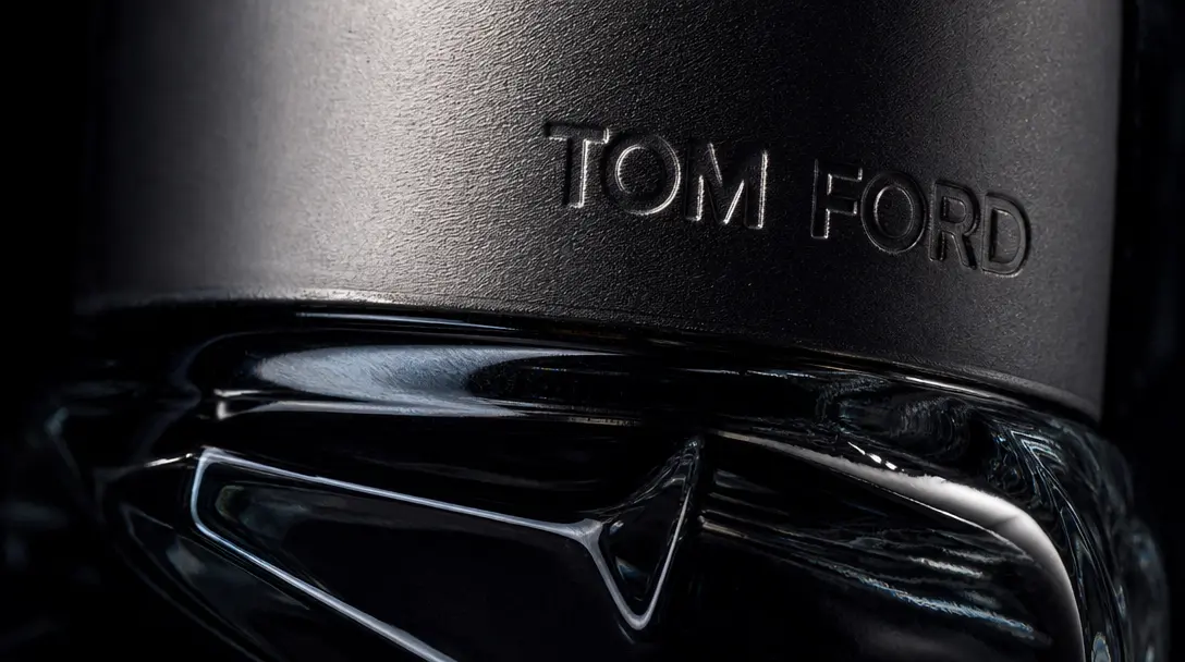 Extreme close-up studio texture: the surface of a luxury product — polished obsidian glass, brushed matte metal cap, emb