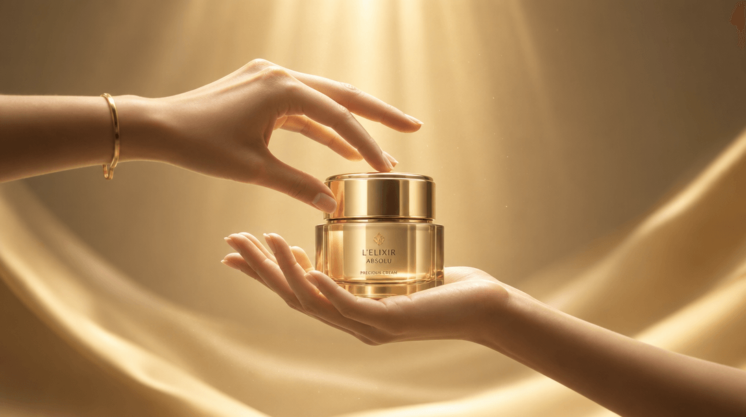 Hands holding luxury product item gently, golden light cascading down, smooth motion and refinement, minimalist gesture,