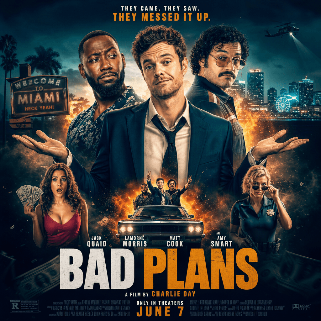 Comedy movie poster with dramatic color grading. Teal and orange cinema palette, cinematic light effects, bold professio