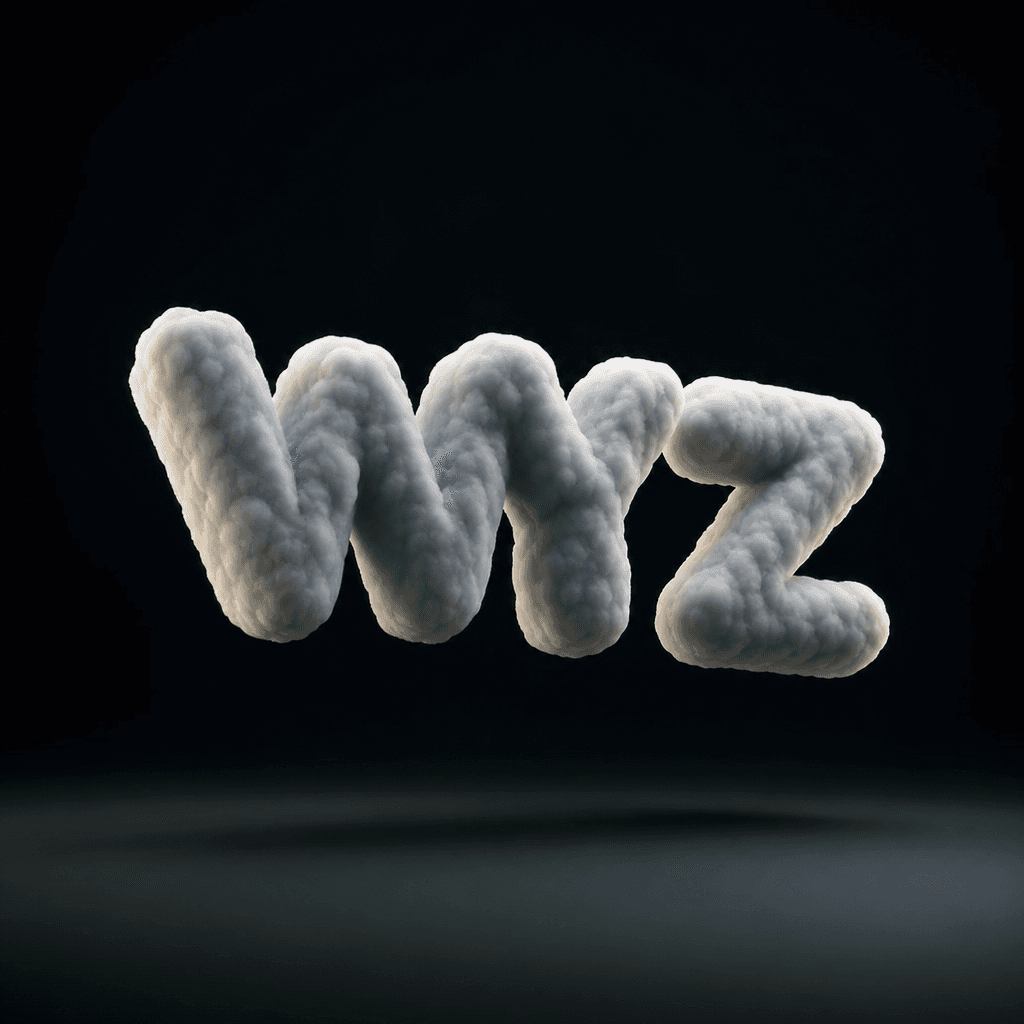 Three-letter 3D logo floating and rotating with cloud-like softness. Realistic lighting with subtle shadow underneath, d