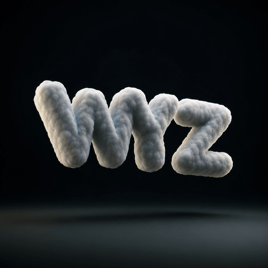 Three-letter 3D logo floating and rotating with cloud-like softness. Realistic lighting with subtle shadow underneath, d