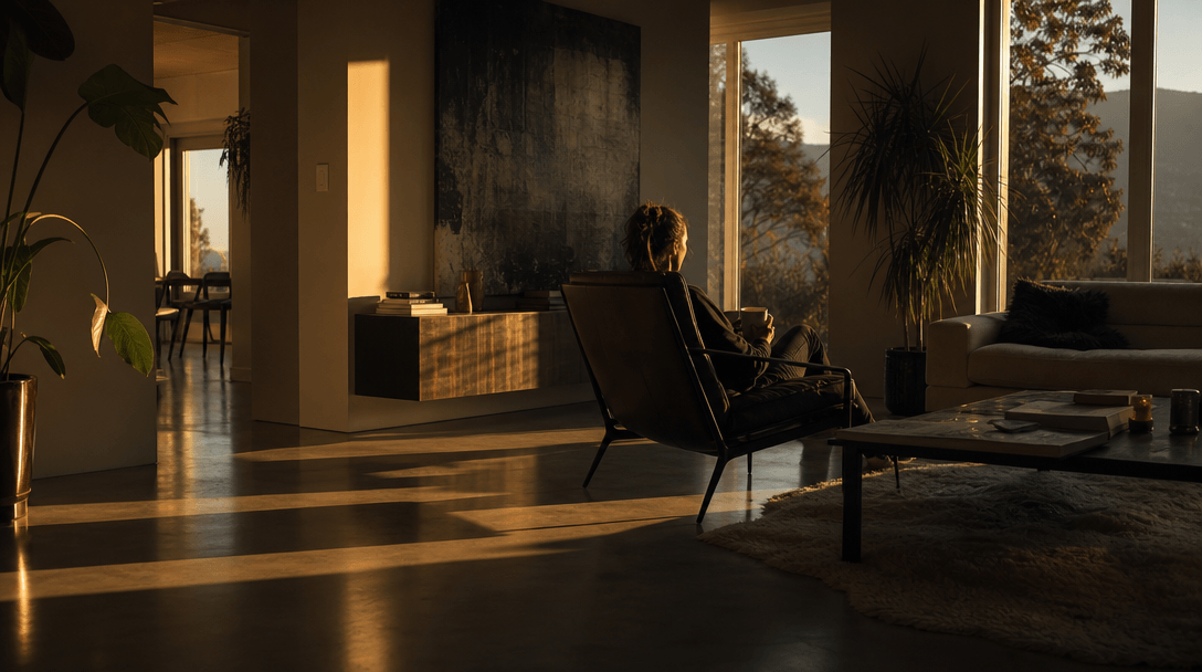 Contemporary living room at late afternoon. Long golden-hour window light casts distinct shafts across polished concrete