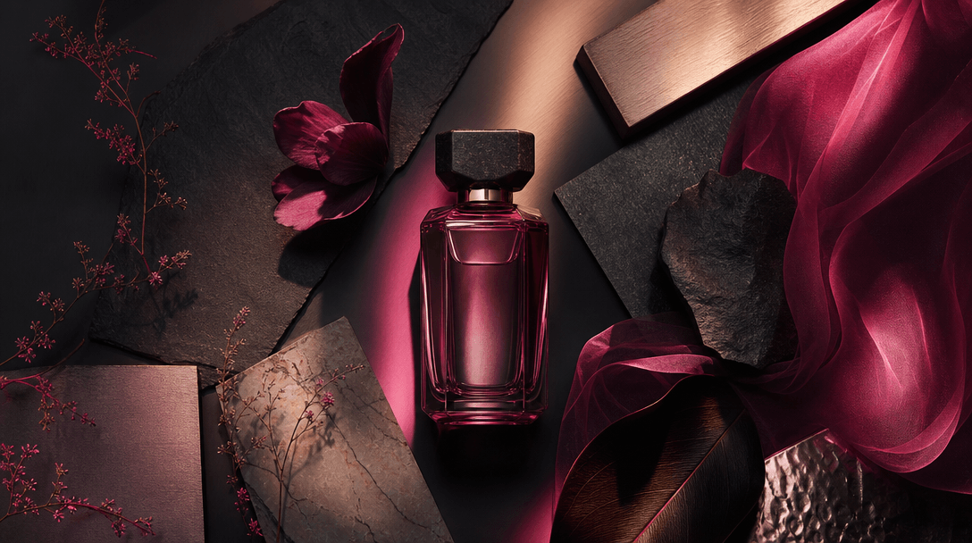 A single premium bottle surrounded by carefully arranged material swatches, colored light, botanical forms, stone, brush
