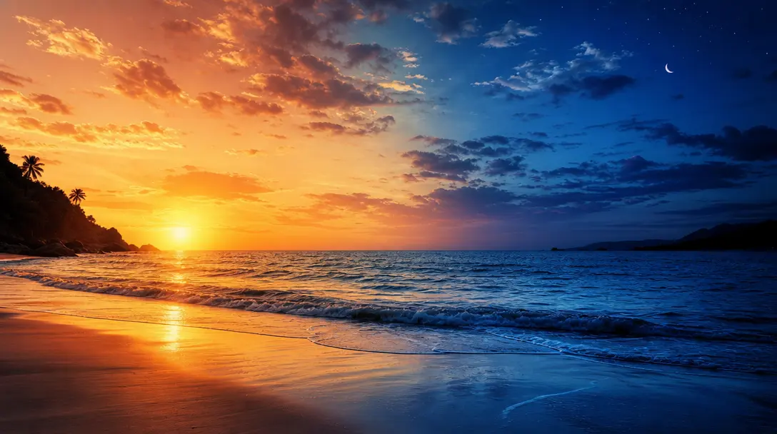 Dramatic beach landscape transitioning through time-of-day. Warm golden sunrise on left smoothly fading to cool blue twi