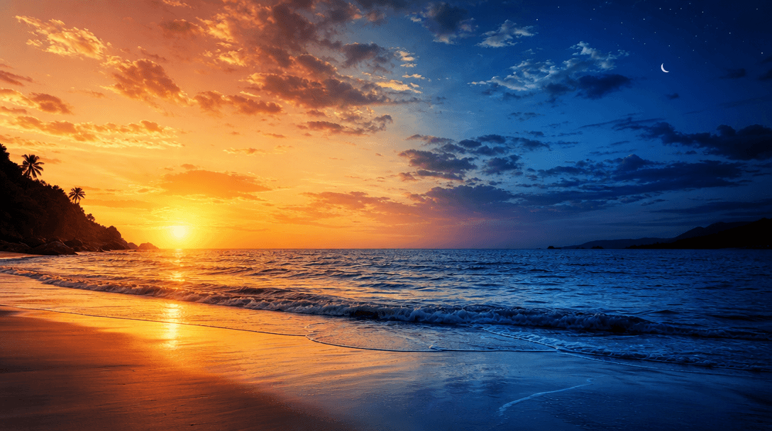 Dramatic beach landscape transitioning through time-of-day. Warm golden sunrise on left smoothly fading to cool blue twi