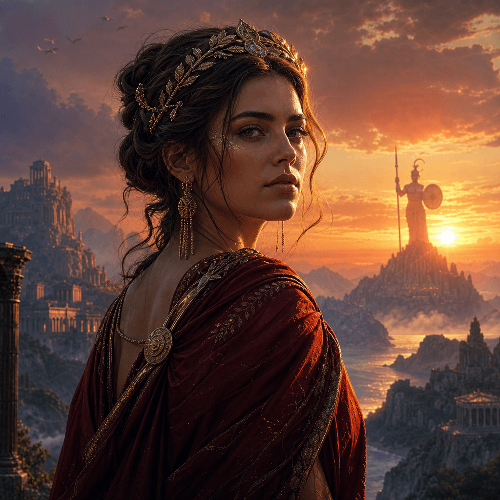 A cinematic portrait featuring a person in a mythical setting with vibrant colors and atmospheric lighting, representing