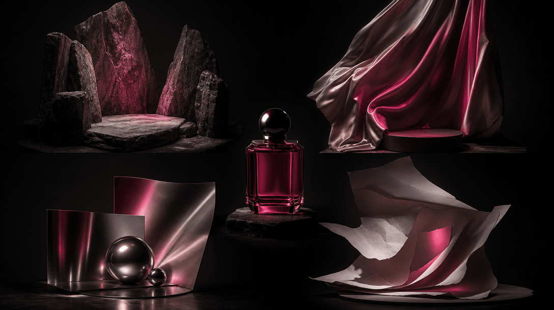 A refined campaign moodboard expressed without an interface: four physical studio sets arranged as miniature stages arou