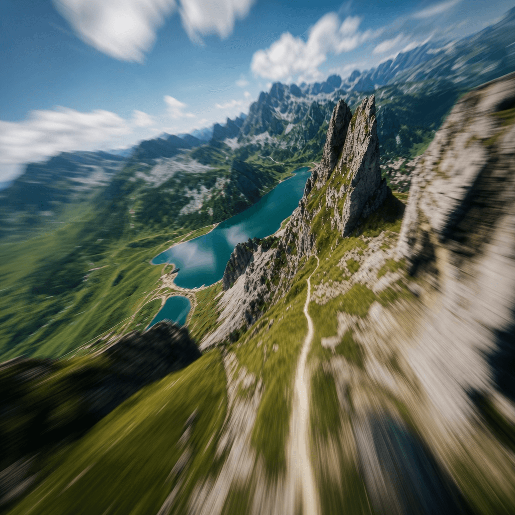 FPV motion concept: speed blur suggesting camera movement, convergence lines implying flight path, cinematic motion impl