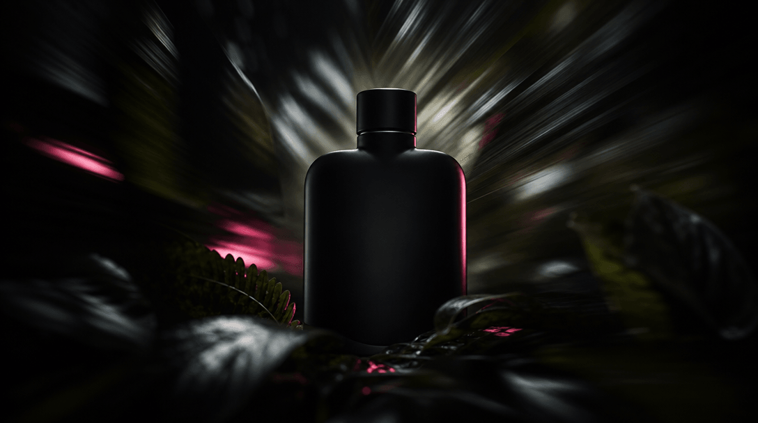A sharply illuminated matte-black object silhouette centered inside concentric layers of blurred foliage and streaked na