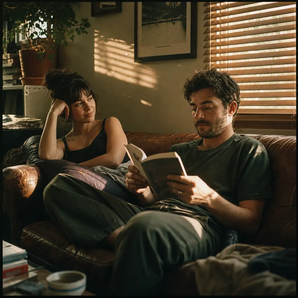A couple on a worn leather sofa, one reading a book, the other watching them with a quiet private smile. Late afternoon