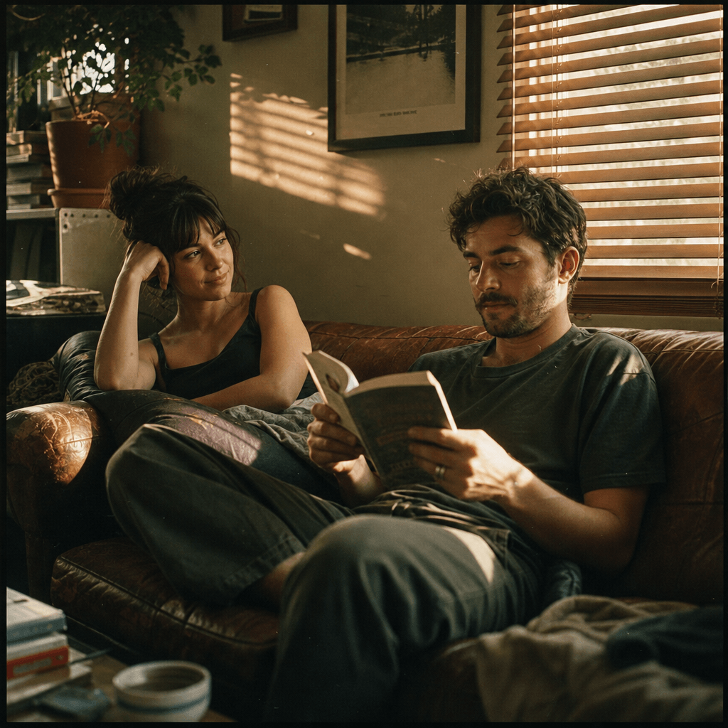 A couple on a worn leather sofa, one reading a book, the other watching them with a quiet private smile. Late afternoon