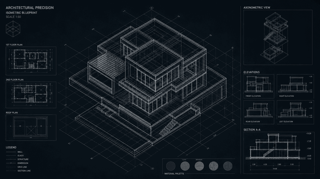 Architectural precision concept: Clean blueprint lines organizing into a perfect isometric grid, rotating perspective re