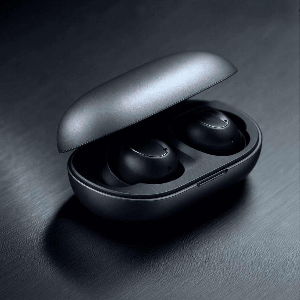A premium wireless earbud charging case half-open on dark brushed aluminum surface, soft specular highlight along the ca