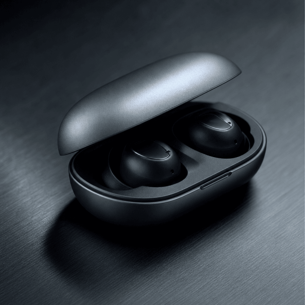 A premium wireless earbud charging case half-open on dark brushed aluminum surface, soft specular highlight along the ca