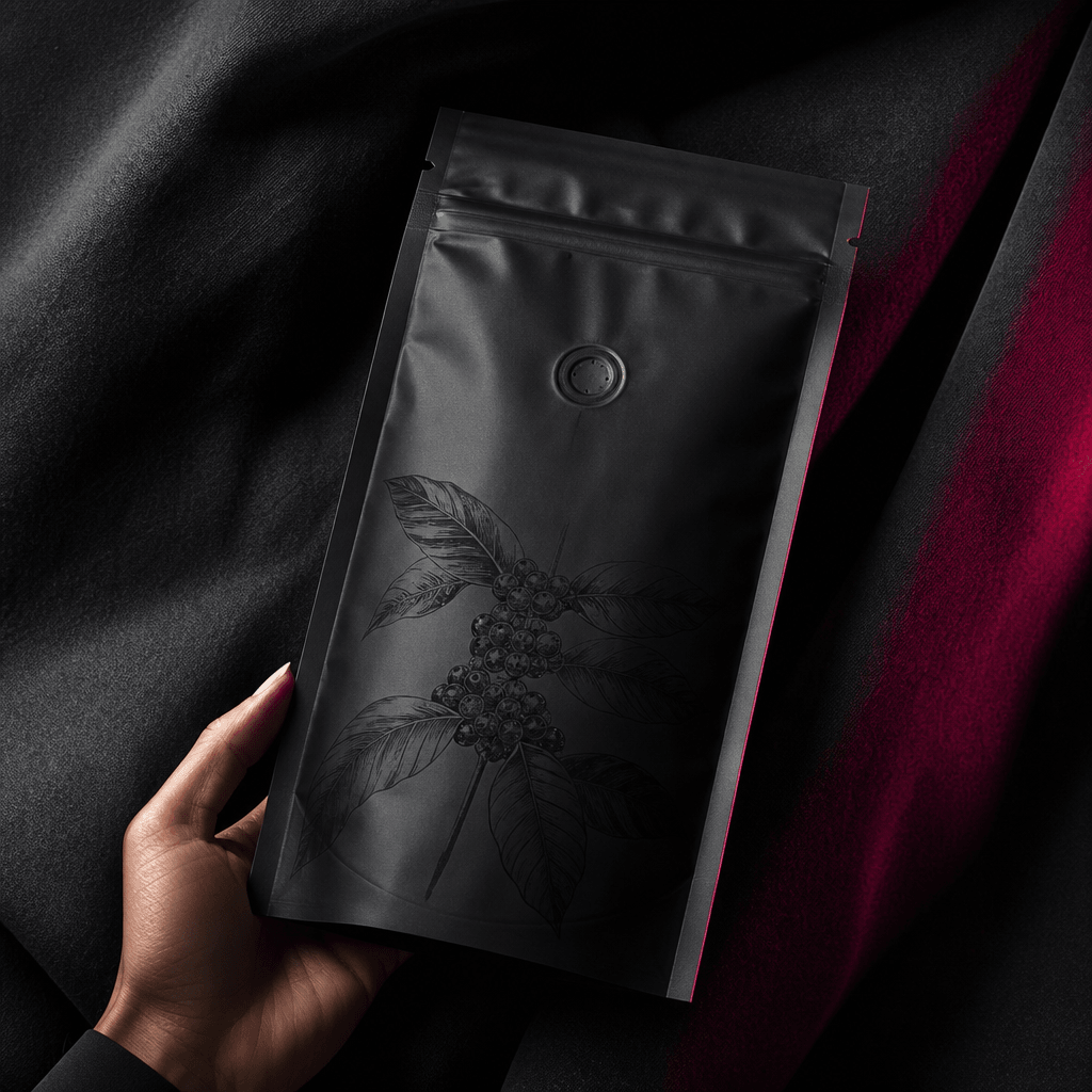 A matte black specialty coffee pouch held against folded charcoal fabric, photographed as a high-fashion accessory, hard