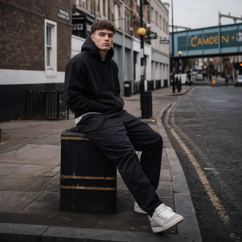Urban photoshoot with person in casual streetwear. City street scene, natural lighting, moody color grading. Professiona