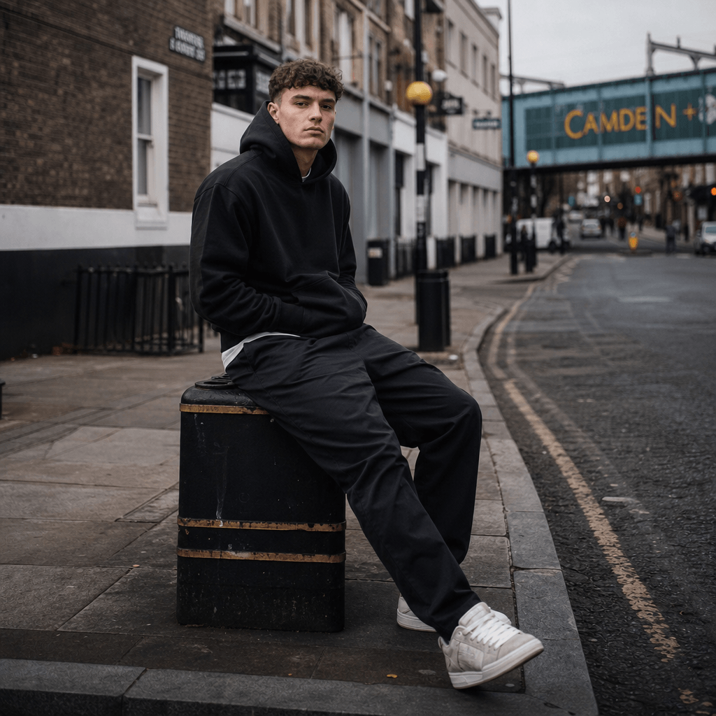 Urban photoshoot with person in casual streetwear. City street scene, natural lighting, moody color grading. Professiona