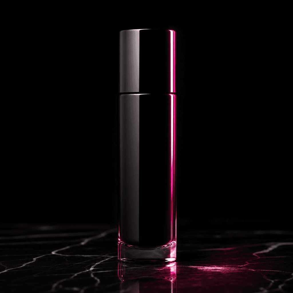 Studio product hero shot: a sleek minimalist cosmetics bottle on a polished near-black surface, dramatic single directio
