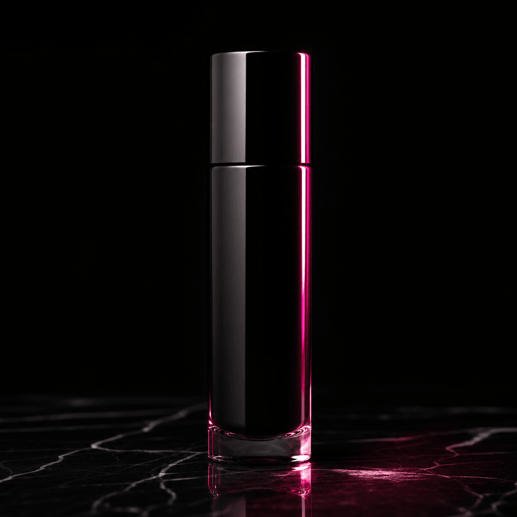 Studio product hero shot: a sleek minimalist cosmetics bottle on a polished near-black surface, dramatic single directio