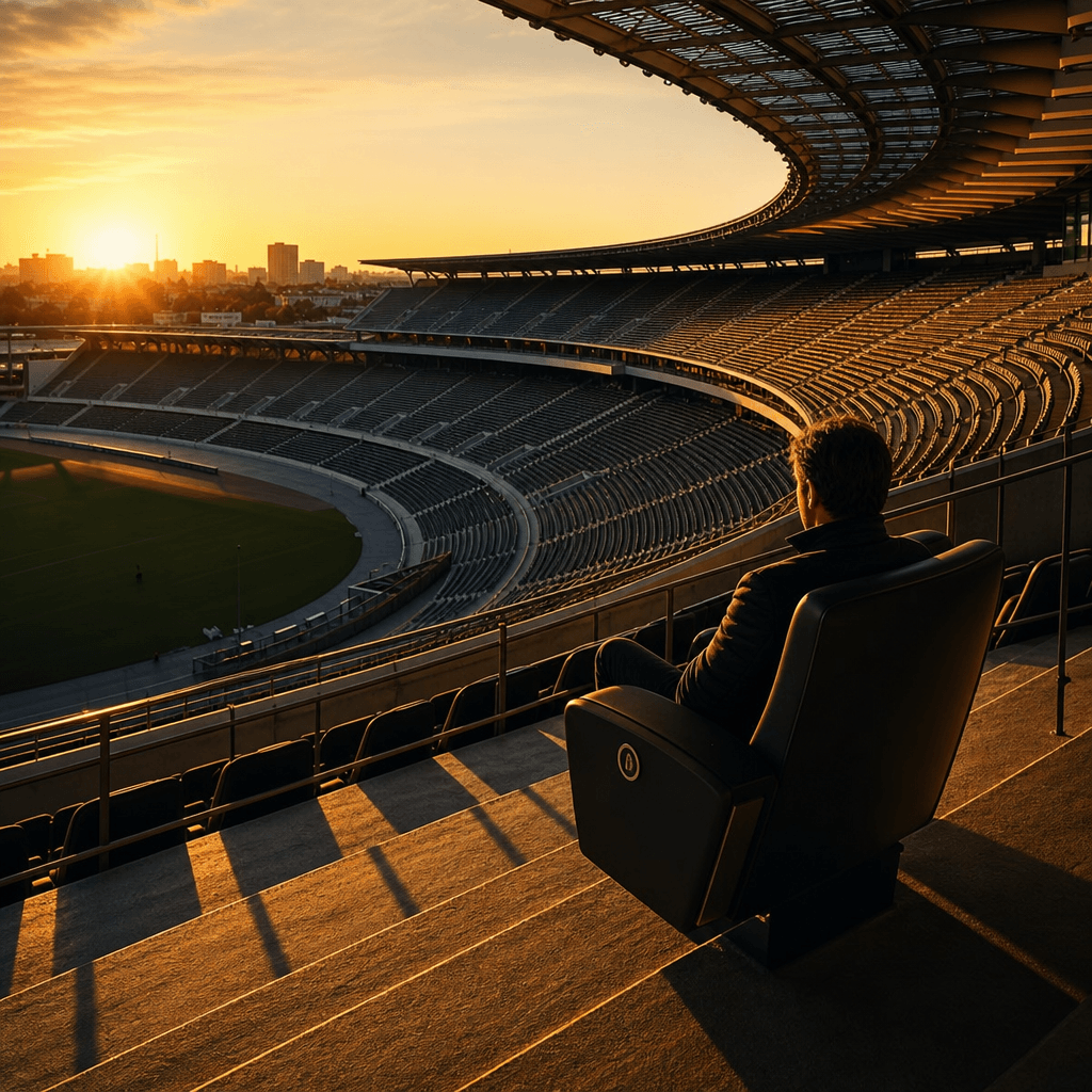 Lone figure in a premium stadium seat, vast empty curved tribune stretching around them at golden hour, long diagonal sh
