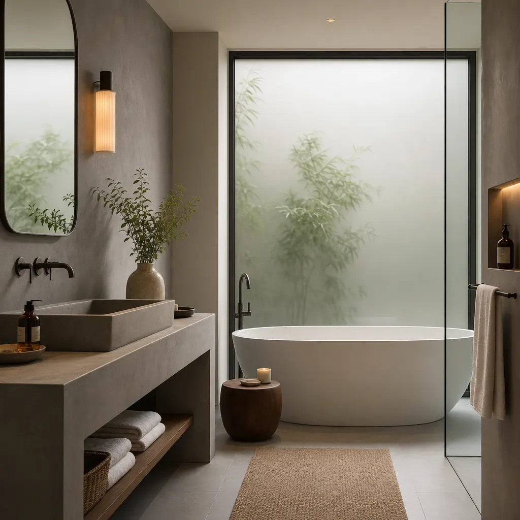 Spa-inspired luxury bathroom with concrete basin, freestanding white bathtub, and frosted glass window filtering soft di
